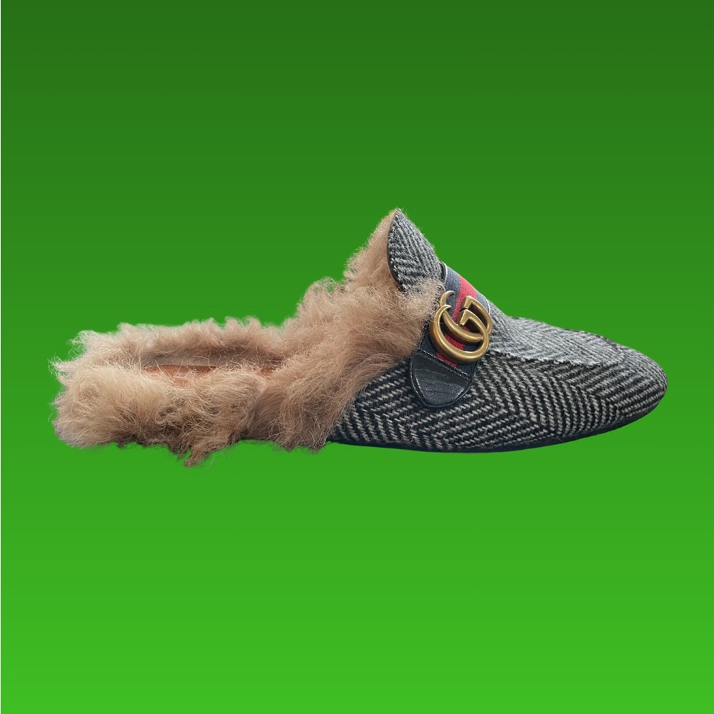 Gucci Fur-Lined Herringbone Mule Slippers